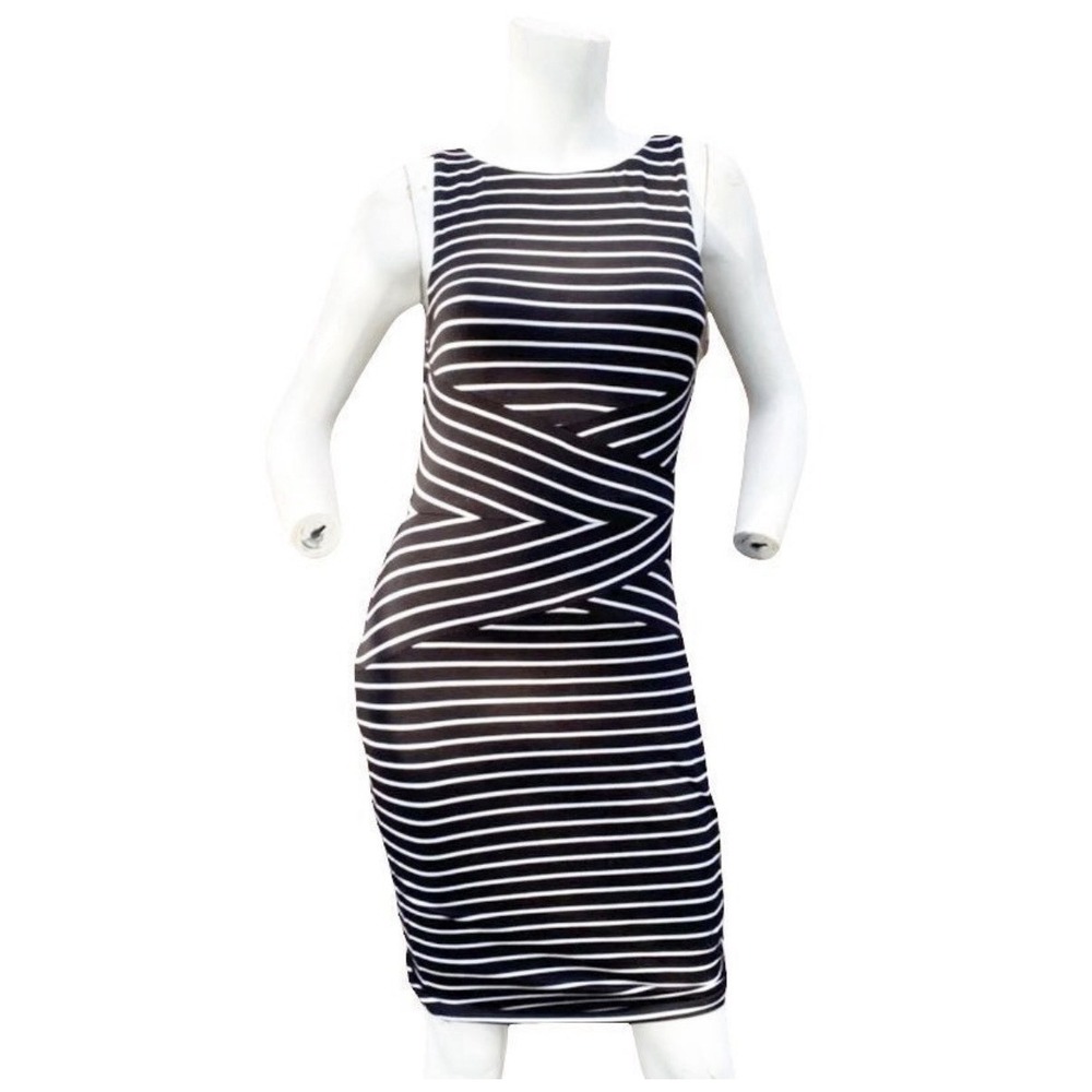 Philosophy Dress Navy White Striped Midi Dress Faux Wrap Sleeveless Rayon - M
